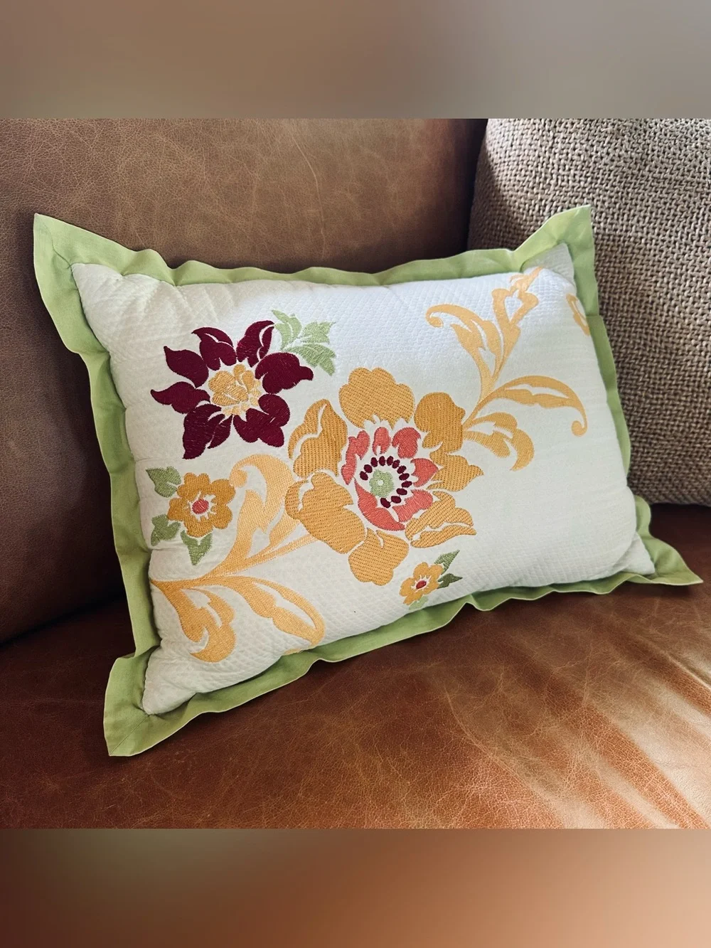 Floral Embroidered Lumbar Pillow Sage Green Ruffle Trim Boho Grandmillennial 16”